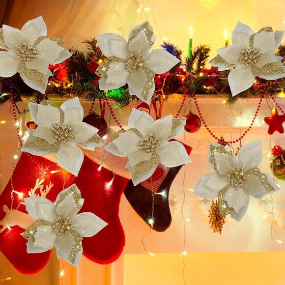 12 PCS Poinsettia Flower‎ Artificial Poinsettia Christmas Decoration 5.9'' Gold - Picture 2 of 7